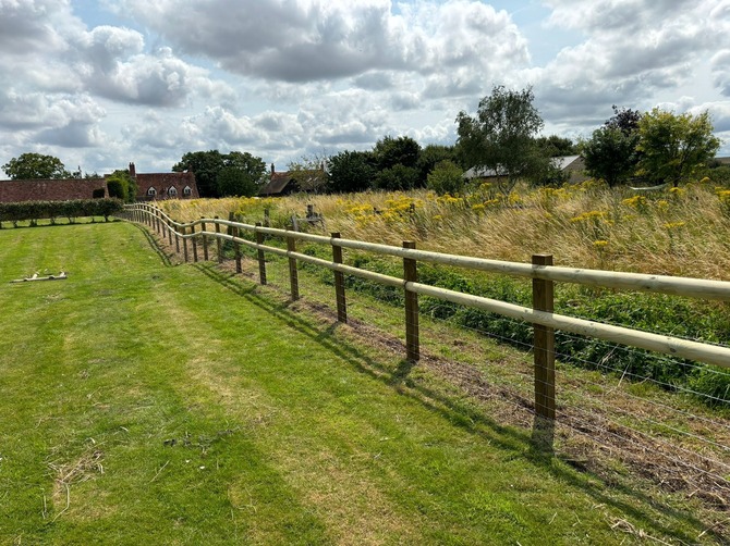 Post and rail fencing with wire mesh